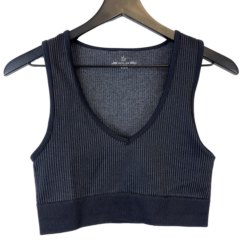 Offline by Aerie Size M Longline Ribbed VNeck Sports Bra Black Gray